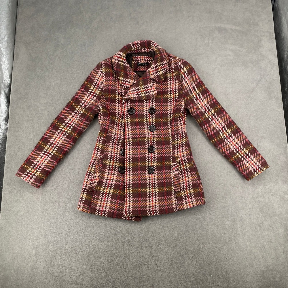 Rue21 Womens Plaid Pea Coat Burgundy Pink Wool Blend Double Breasted Jacket M